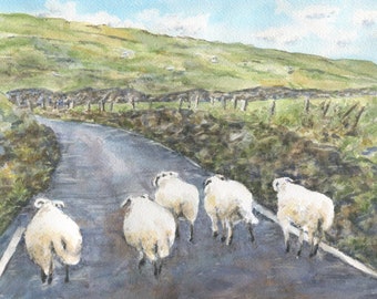 Slow Going, Irish Road watercolor prints or original painting, Irish sheep landscape art, Ireland landscape print, Irish road, Irish art