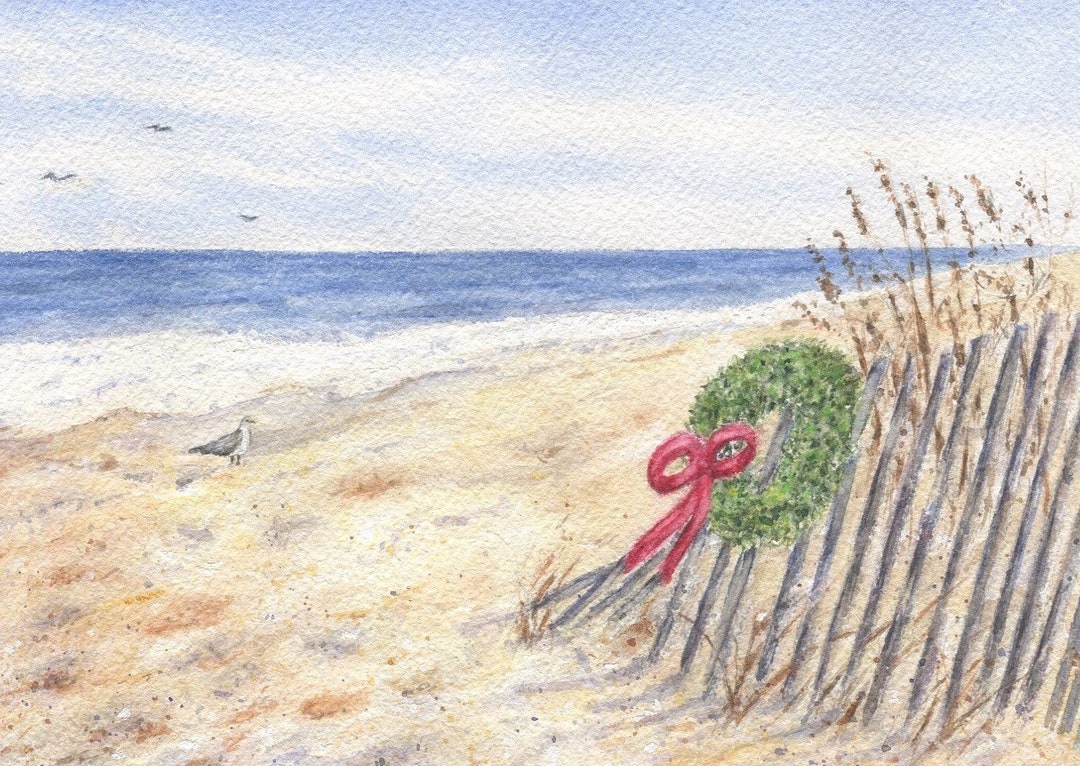 Christmas at the Shore Watercolor, Holiday Beach Painting, Coastal ...
