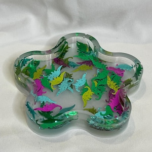 Colorful Dinosaur Glitter Trinket tray, ring holder, jewelry holder, Handmade, gifts for her, vanity tray, custom tray, candle holder