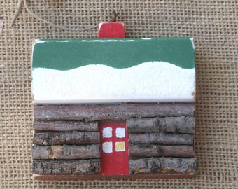 Cabin Ornament, Wooden Log Cabin Christmas Ornament, Handmade with Twigs and Glitter, Housewarming or Hostess Gift, Holdiay or Lodge Decor