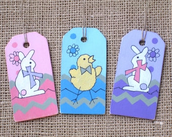 Easter Gift Tags for Baskets or Packages, Reusable Wooden Gift Tags with Bunny and Chick Motifs