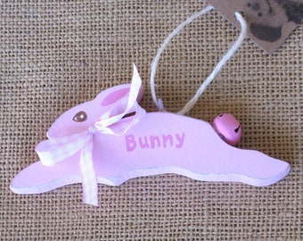 Personalized Wood Bunny Ornament, Hand-painted Wooden Rabbit with Name, for Easter Baskets, Spring Decor or New Baby