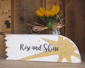 Cartel Rise and Shin, Inspirational Wood Shelf Sitter con diseño de sol naciente, decoración moderna de mediados de siglo