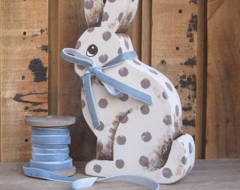 Easter Bunny or Wooden Rabbit Shelf Sitter for Easter Basket, Spring Decor or Tiered Tray, Hand-painted Wood Bunny with Polka Dots