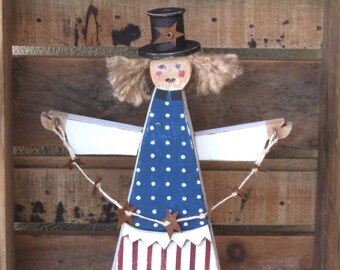 Patriotic Wood Lady Figurine, Hand-cut and Painted in Red, White and Blue for Rustic Americana or Holiday Display