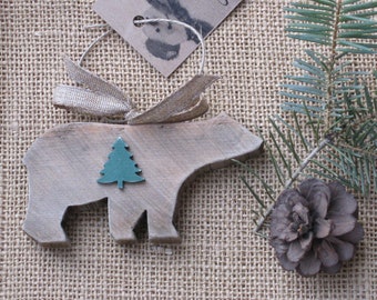 Bear Ornament, Wooden Ornament, Wood Bear, Holiday Ornament, Christmas Bear, Rustic Decor, Lodge Decor, Cabin, Natural Woodland Animal