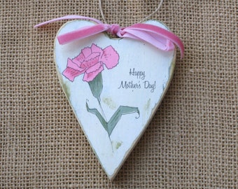 Mother's Day Heart Ornament, Wooden Heart, or Gift for Mom with Hand-painted Carnation in Yellow or Pink