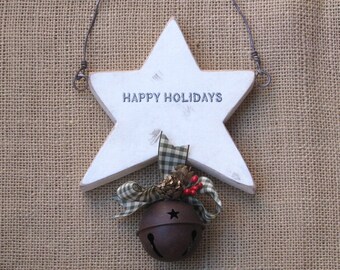 Star Christmas Ornament, Happy Holidays Hanging Ornament for Tree, Doorknob, or Hook Display, Rustic with Bell