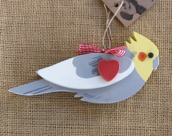 Cockatiel Ornament, Hand-painted Wooden Bird Decoration for Christmas, with Optional Personalization