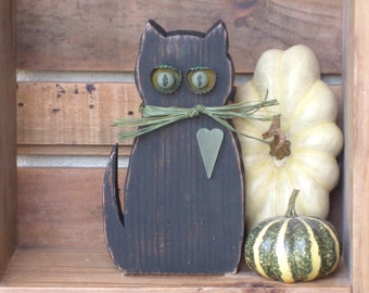 Large Wood Cat for Halloween Display, Rustic Black Kitty with Orange or Green Eyes