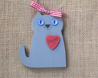 Wood Cat Ornament, Personalized for Christmas, Holiday Decor or Gift for Cat Lover, Custom for Memorial or Pet Loss, gray, black or white