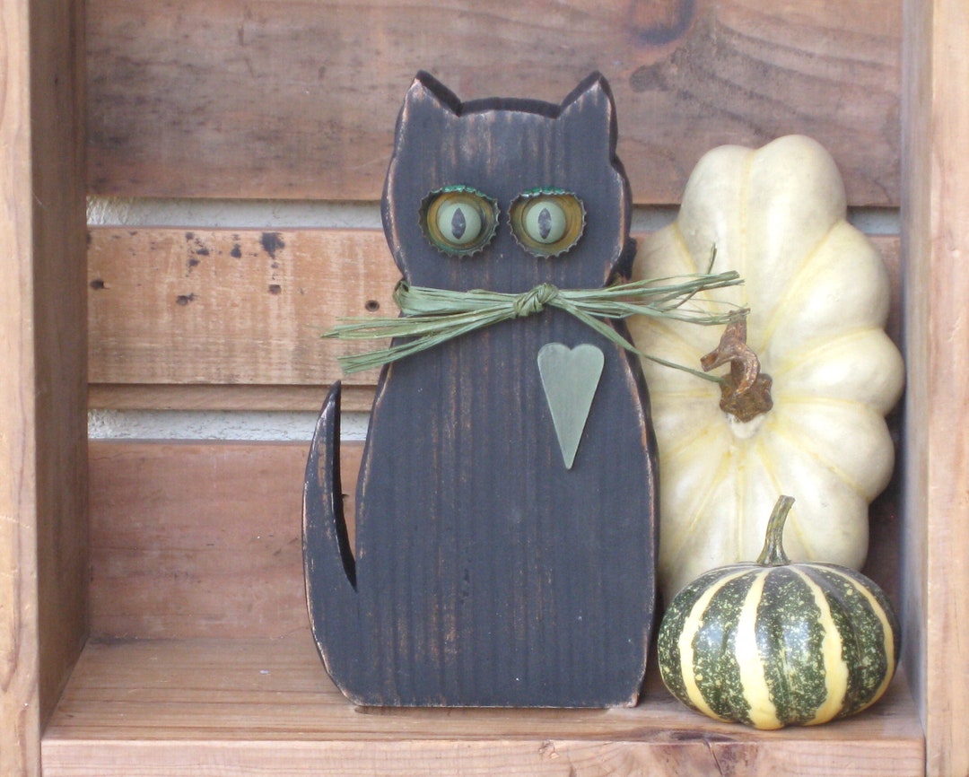 Large Wood Cat for Halloween Display, Rustic Black Kitty With Orange or ...