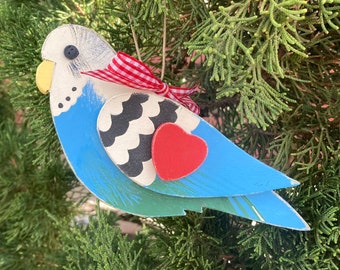 Parakeet Ornament in either Blue or Green, Hand-painted Bird Decoration for Christmas, with Optional Personalization