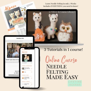 May include: Online course titled "Needle Felting Made Easy" with a laptop screen showing three needle felted animals: two alpacas and an owl. The course includes 35 videos and 3 tutorials. The text "Lifetime Access" is displayed on the bottom right corner of the image.