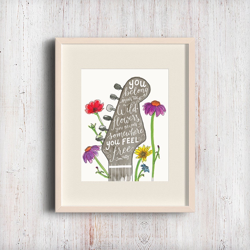 You belong among the wildflowers. Tom Petty quote. Watercolor guitar …