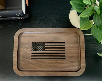 American Flag Wooden Valet Tray: Bedside Catchall Organizer (6x9)