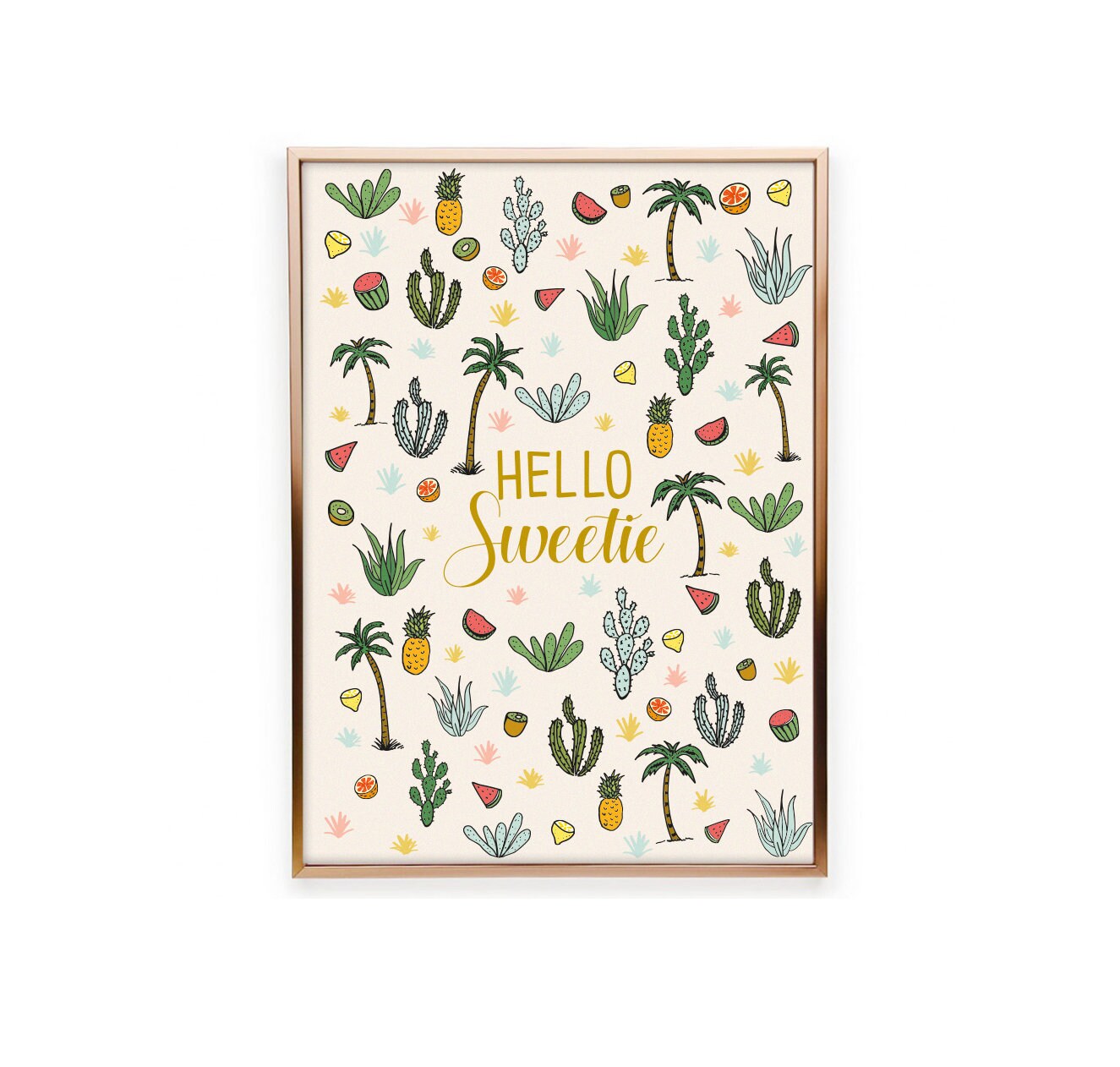 Affiche Hello Sweetie, Tropique, Cactus, Palmiers, Fruits