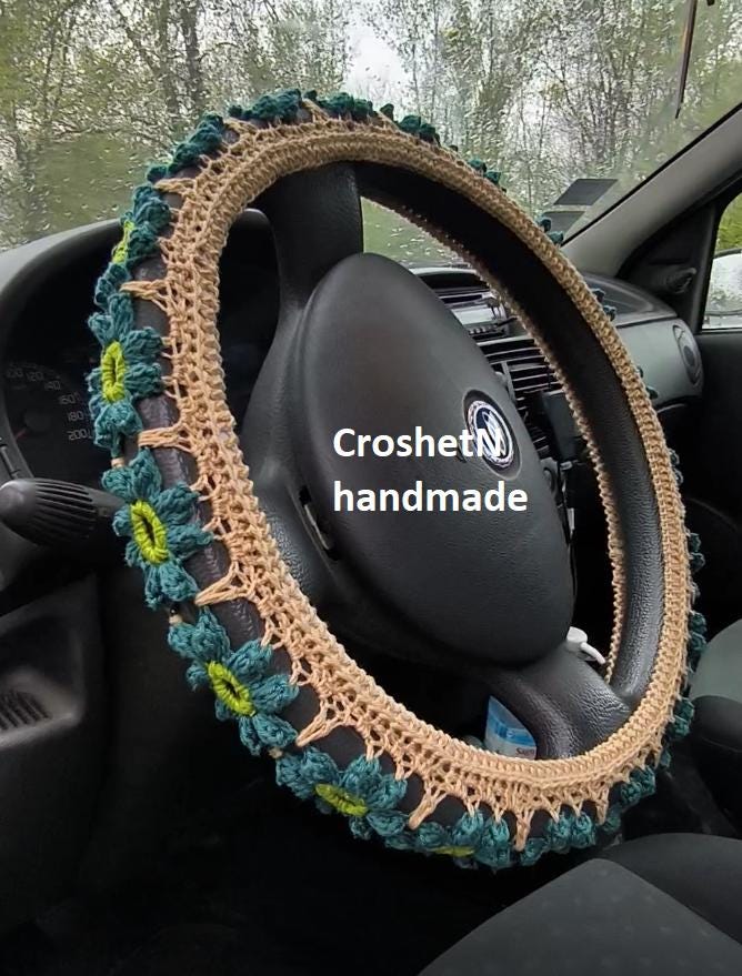 Crocheted Cotton Steering Wheel Cover: Colorful Car Decor (14.5-15