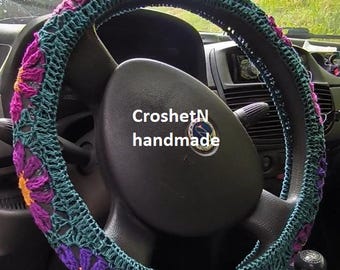 Handmade Crochet Steering Wheel Cover: Cotton Car Decor (14.5-15”)