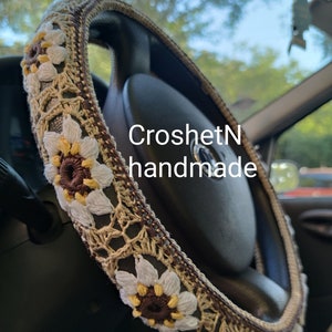 Beige-white Steering wheel cover Crochet steering wheel cover Car decor Crocheted steering wheel cover Steering wheel cover for women H2306