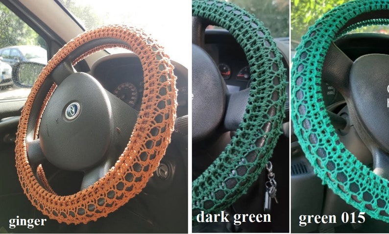 May include: Three crocheted steering wheel covers in different colors: ginger, dark green, and green 015. The covers are made of a delicate, open-weave pattern.