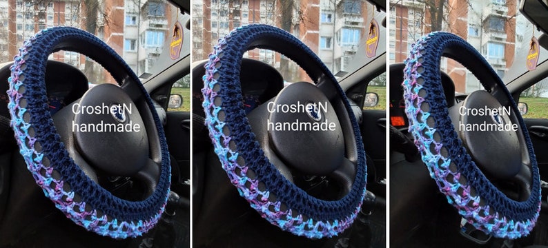 May include: Crochet steering wheel cover in blue and purple with the text "CroshetN handmade".
