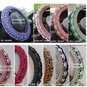 May include: Ten crocheted steering wheel covers in various colors, including lavender, pink, brown, green, red, gray, beige, white, and navy. The covers are all handmade and feature a delicate lace pattern. The text "CroshetN handmade" appears on two of the covers.