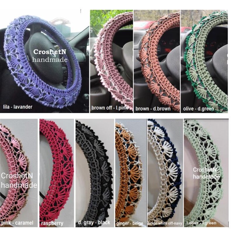 May include: Ten crocheted steering wheel covers in various colors, including lavender, pink, brown, green, red, gray, beige, white, and navy. The covers are all handmade and feature a delicate lace pattern. The text "CroshetN handmade" appears on two of the covers.
