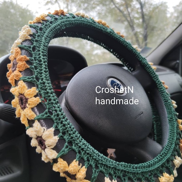 Crocheted Cotton Steering Wheel Cover: Colorful Car Decor (14.5-15" Diameter) - H2019
