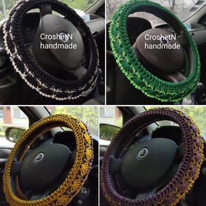 May include: Four crocheted steering wheel covers in different colors. The covers are black and white, green, yellow, and purple. The text "CroshetN handmade" is visible on two of the covers.