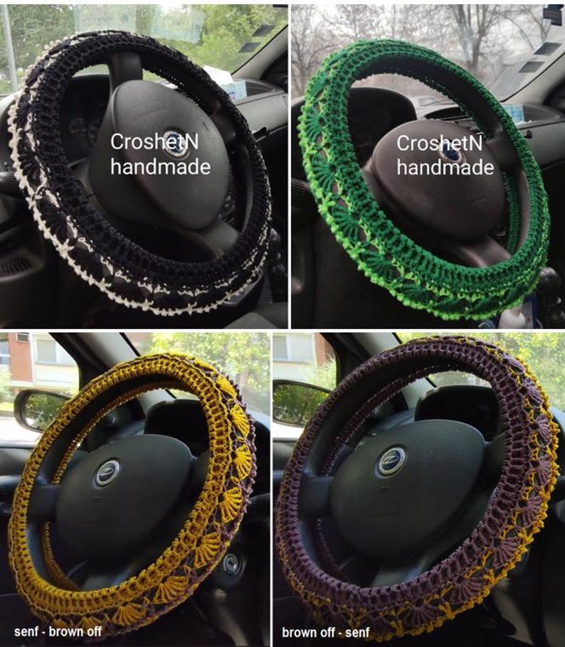 May include: Four crocheted steering wheel covers in different colors. The covers are black and white, green, yellow, and purple. The text "CroshetN handmade" is visible on two of the covers.