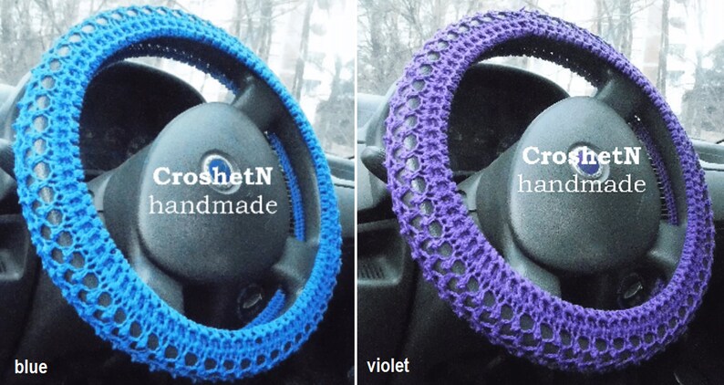 May include: Two crocheted steering wheel covers, one blue and one purple. Both covers have a lacy design and the text "CroshetN handmade" is visible on each.