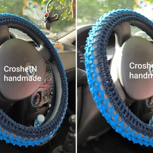 May include: Blue and black crocheted steering wheel cover with the text "CroshetN handmade".