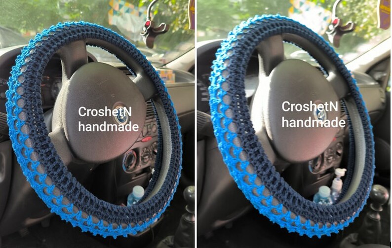 May include: Blue and black crocheted steering wheel cover with the text "CroshetN handmade".