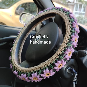 Beige-orchid Steering wheel cover Crochet steering wheel cover Car decor Crocheted wheel cover Steering wheel cover for women H2020