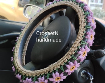 Beige-orchid Steering wheel cover Crochet steering wheel cover Car decor Crocheted wheel cover Steering wheel cover for women H2020