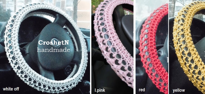 May include: Four crocheted steering wheel covers in different colors: white, pink, red, and yellow. The covers are made with a delicate, lacy pattern. The text "CroshetN handmade" is visible on the white cover.
