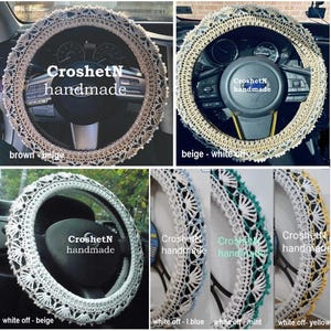 May include: Crochet steering wheel covers in various colors, including brown, beige, white, light blue, mint, and yellow. The covers are handmade and feature a delicate lace pattern. The text "CroshetN handmade" is visible on each cover.