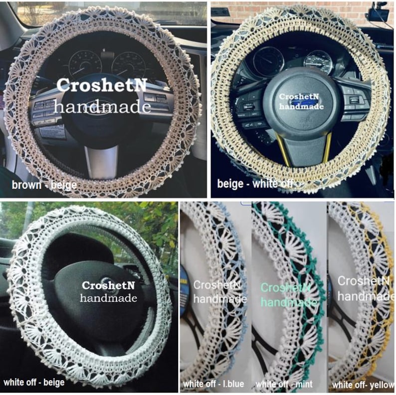 May include: Crochet steering wheel covers in various colors, including brown, beige, white, light blue, mint, and yellow. The covers are handmade and feature a delicate lace pattern. The text "CroshetN handmade" is visible on each cover.
