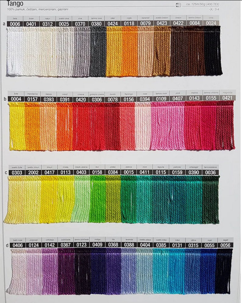 May include: A color chart of 100% cotton fringe yarn in various colors. The chart is labeled with the color name and a corresponding number for each color. The chart is divided into four rows, each row labeled with a letter from a to d. The chart is labeled "Tango" at the top.
