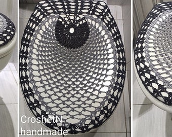 Crochet Toilet Seat Cover Set: Handmade Blue Floral Bathroom Decor