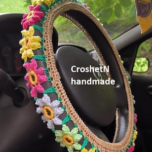 Brown-green Green-orchid Steering wheel cover Crochet steering wheel cover Car decor Crocheted cover Steering wheel cover for women H2020