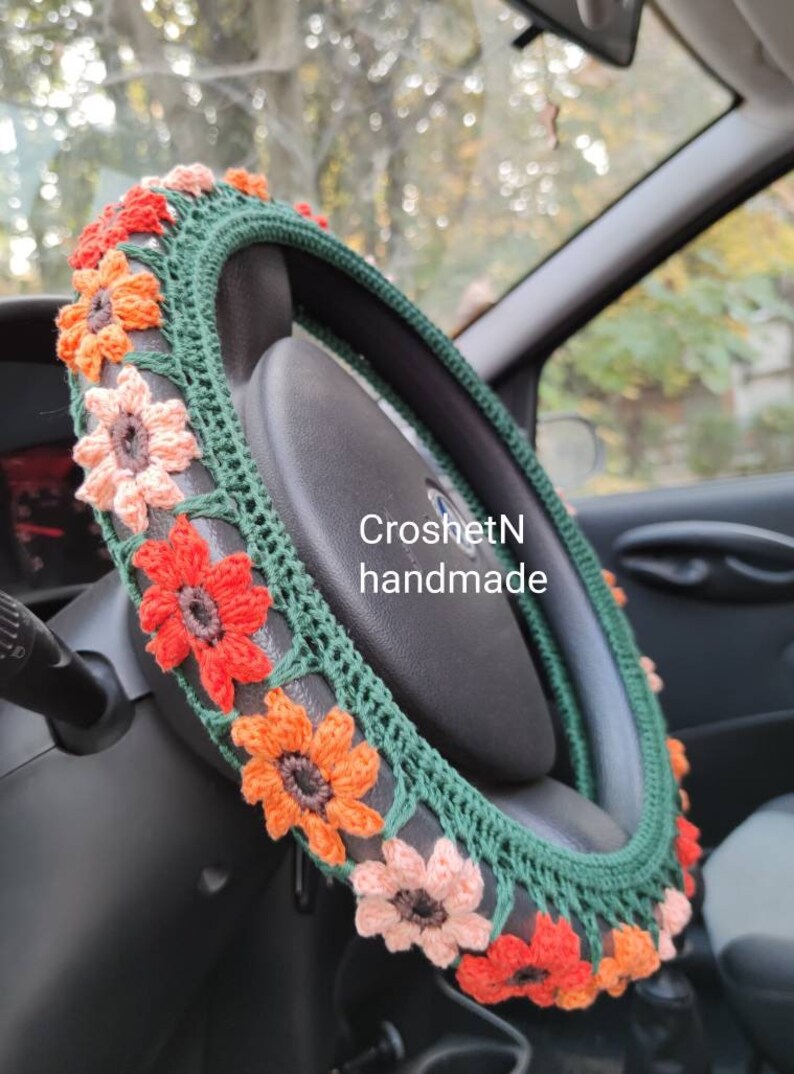 Colorful Flowers Steering Wheel Cover Crochet Steering Wheel Etsy