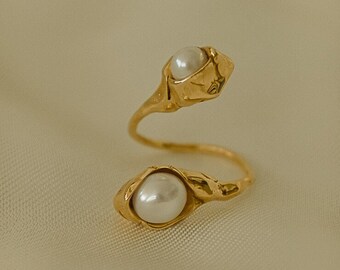 Custom-Made Sterling Silver 925 Ring, Hand-sculpted Gold-vermeil Ring Featuring Double Pearl