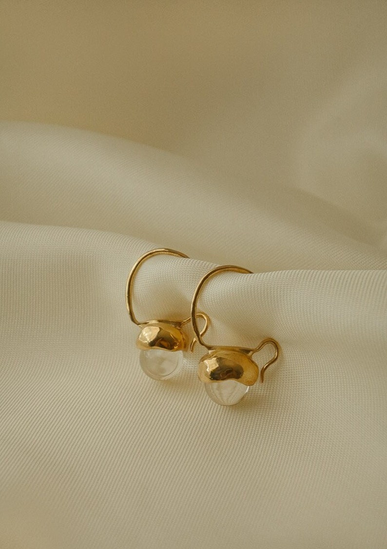 Custom-Made Sterling Silver 925 Drop Earrings, Gold-vermeil Hand-sculpted Drop Earrings with clear Quartz spheres image 1