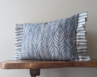 French  country blue cushion cover linen look rectangular cream striped pin willow leaf fabric frills plaids horizontal nautical