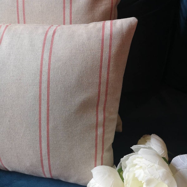 French vintage country cushion linen look beige cream pink stripes striped fabric cushion cover