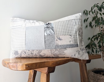 Handmade patchwork Cottage farmhouse cushion cover rectangular grey beige cream  linen look pillow