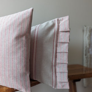 French Country Pillow Cover: Raspberry Red Striped Linen Look