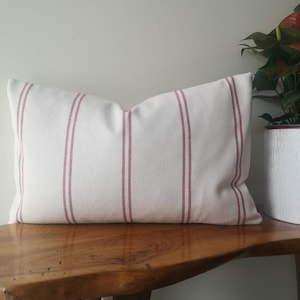 French vintage country sack type fabric ivory off white red double ticking stripes striped cushion cover